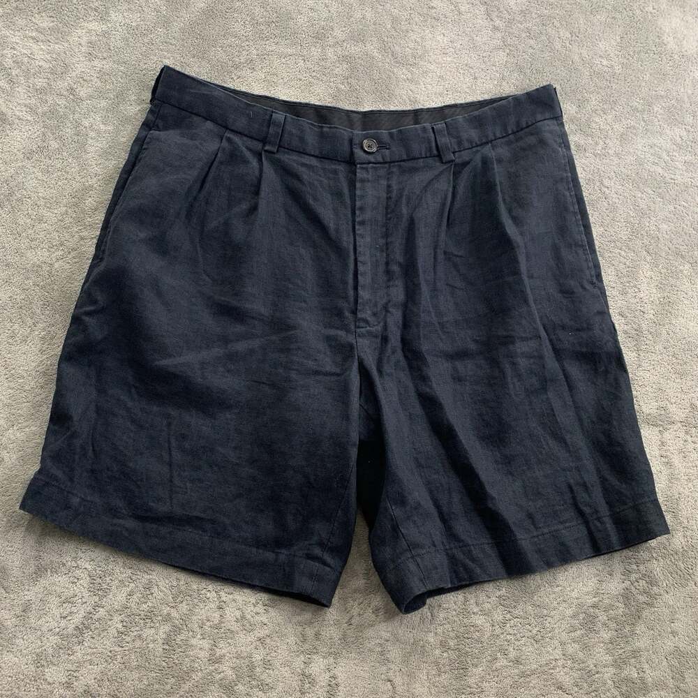 Brooks Brothers 346 Shorts Mens 38 Linen Pleated Navy Blue Classic Preppy